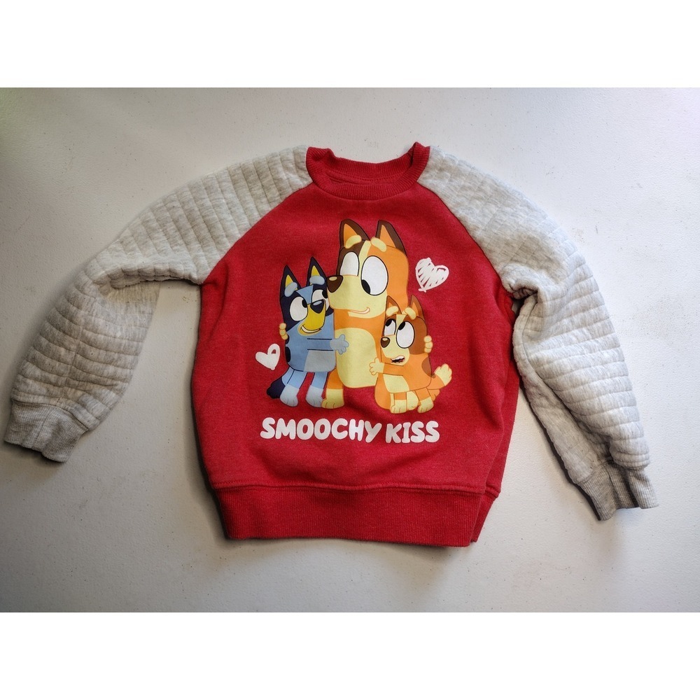 Bluey Smoochy Kiss Red Raglan‎ Sweatshirt Quilted Sleeves Toddler 3T